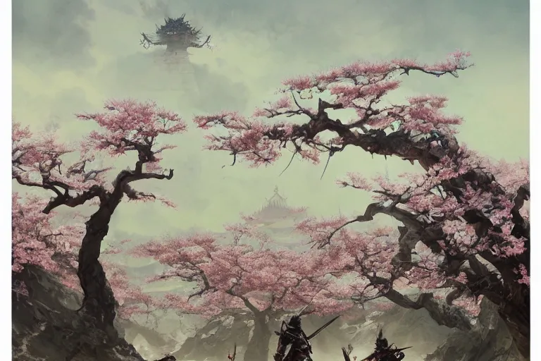 Prompt: aliens brainsuckers fighting samurais, at beautiful picture of sakura in full bloom, palace ，, by greg rutkowski and katsuya terada, trending on artstation
