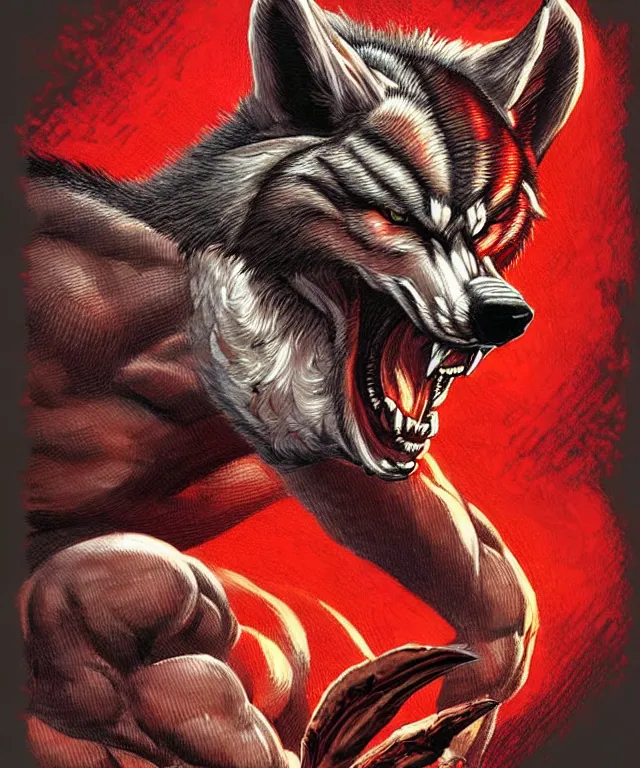 Image similar to extreme long shot. 8 bit nes graphics. antropomorphic muscular masculine wolf. kickboxer fighter, in shorts. wolf head. fine details, very sharp, art from nes game cartridge, marc simonetti and hermann nitsch