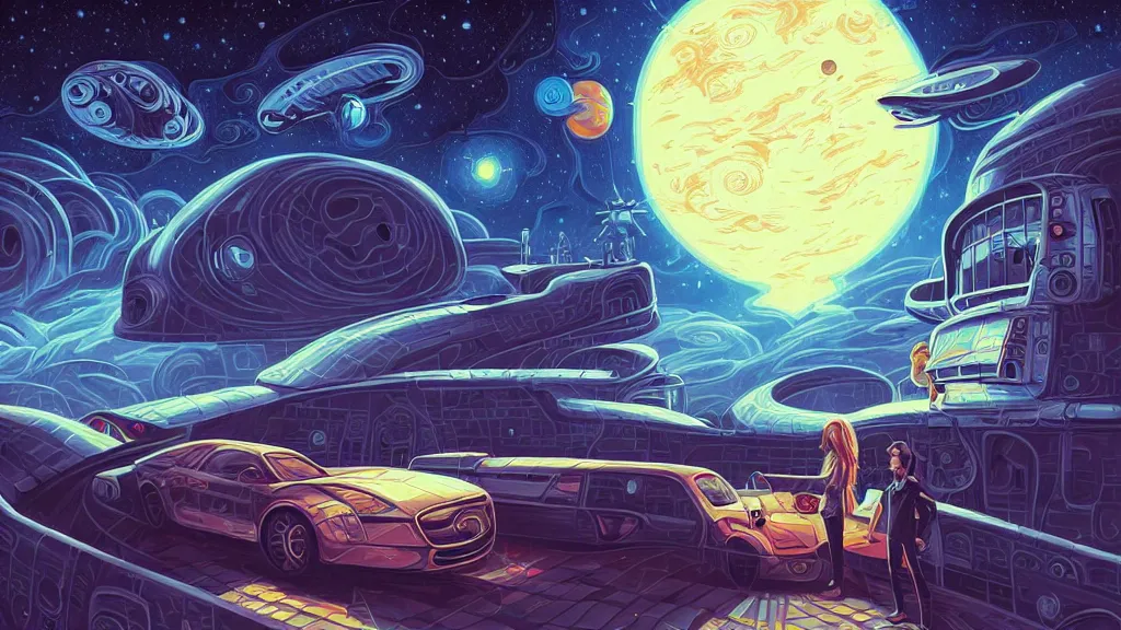 Image similar to elon musk at starbase by cyril rolando and naomi okubo and dan mumford and ricardo bofill. lovecraft. lovecraftian. starry night swirly sky.