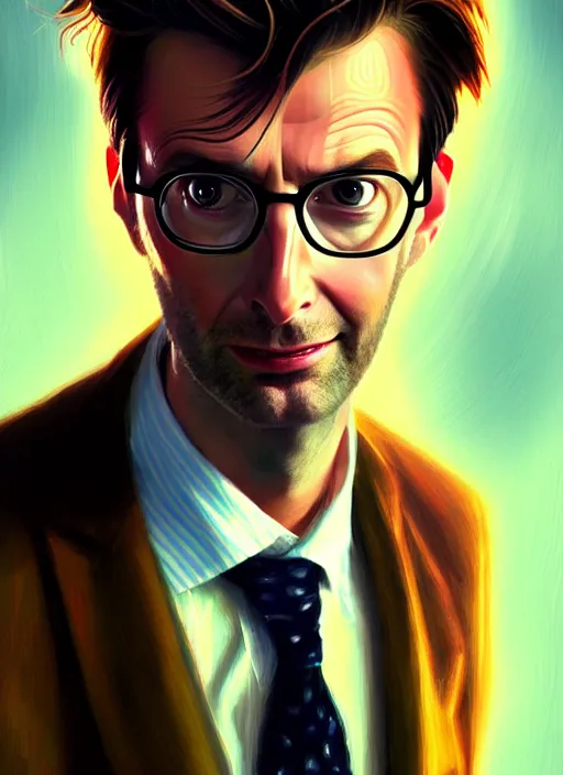 Image similar to portrait of david tennant as the tenth doctor from doctor who wearing a party hat, intricate, elegant, glowing lights, highly detailed, digital painting, artstation, concept art, smooth, sharp focus, illustration, art by wlop, mars ravelo and greg rutkowski