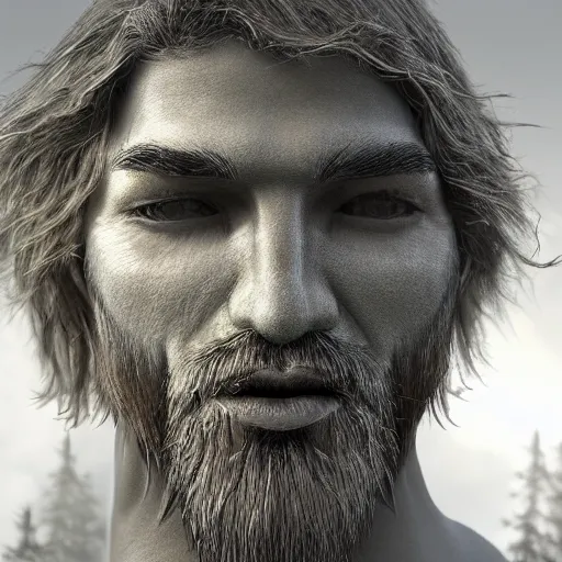 Image similar to close up realistic face of a druid man, light fog,