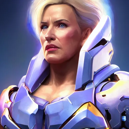 Image similar to a screenshot of arnold schwarzenegger as mercy in overwatch, angel wings, halo, portrait, fantasy, beautiful face, vivid colors, elegant, concept art, sharp focus, digital art, hyper - realistic, 4 k, unreal engine, highly detailed, hd, dramatic lighting by brom, trending on artstation