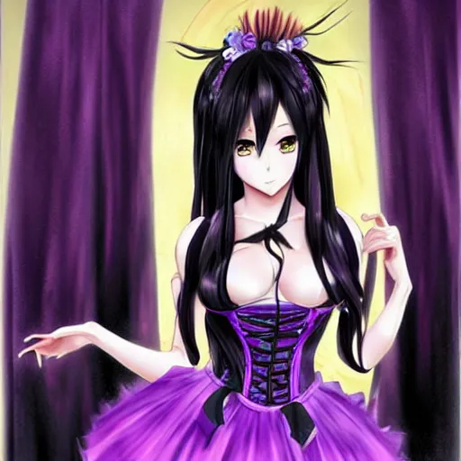 Image similar to a beautiful anime woman with long black hair, wearing a black corset top and a purple tutu, art by Steve Argyle