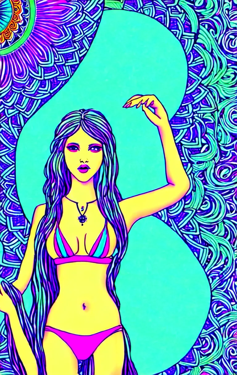 Image similar to beautiful hippie girl illustration, closeup in bikini over psychedelic sacred geometry hallucination