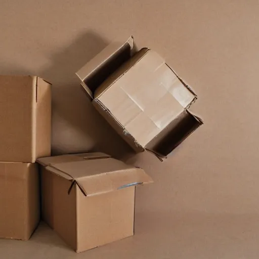 Prompt: broken and damaged cardboard box, wrapped in fragile tape, image white background