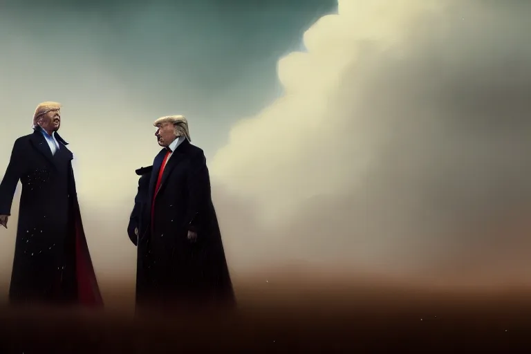 Prompt: Portrait of Trump facing Joe Biden, dark makeup, dark crowns with magical ruby, painting by Studio Ghibli, Ivan Aivazovsky and Greg Rutkowski, artstation, fantasy, intricate, beautiful, cinematic, octane render, arnold render, 8k, hyper realism, detailed, sharp focus, 4k uhd, masterpiece, award winning