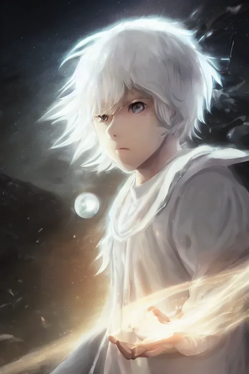 Image similar to anime young boy with short wavy white hair wearing white clothes with short cape surrounded by light orbs, moody, wlop, concept art, digital painting, trending on artstation, highly detailed, epic composition, 8 k uhd