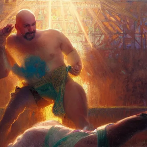 Image similar to bald wrestler breaking blonde wrestler's back, radiant light, caustics, heroic, bright iridescent light, by gaston bussiere, bayard wu, greg rutkowski, maxim verehin, epic wrestling combat, legendary