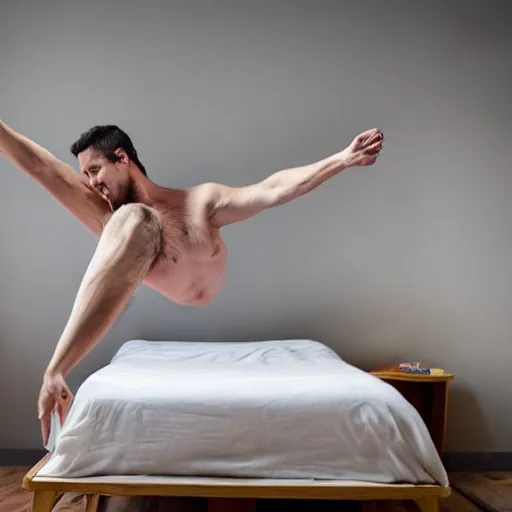 Image similar to a man in pijama doing a belly flop on a bed