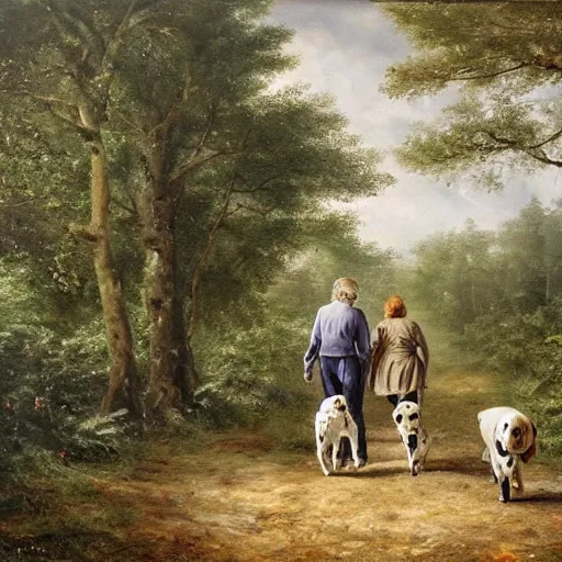 Image similar to granddad and blond curly young grandson walking in french forest with a dalmatian dog with black spots oil painting