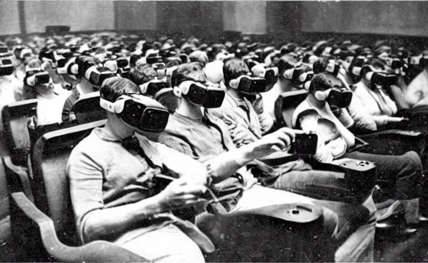 Image similar to 1 9 0 0 s photo of people using iphones ipods virtual reality headsets vr in a movie theater masterpiece