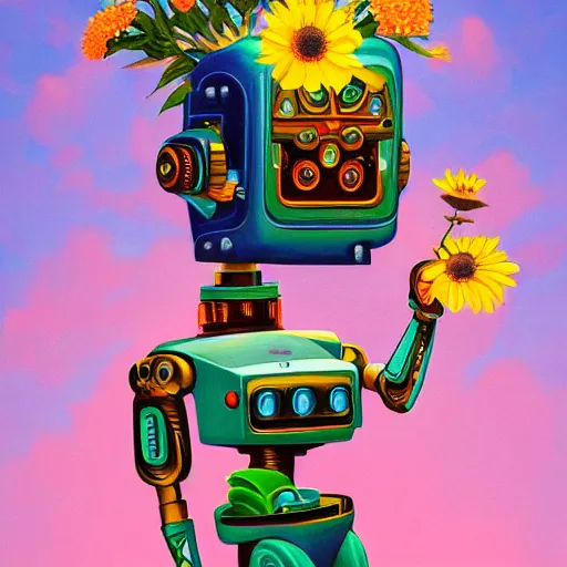 Image similar to a ultradetailed beautiful panting of a robot with flowers growing from the top, by alex gross, trending on artstation