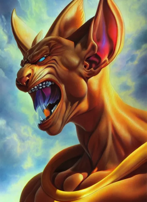 Image similar to a epic portrait of beerus, art by boris vallejo and greg danton and denys tsiperko, detailed, hyperrealism, artstation