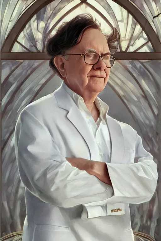 Image similar to warren buffet godly white clothes meditating in the sun, blank lighting ultra realistic photorealistic highly detailed high quality, a stunningly, digital painting, artstation, concept art, smooth, sharp focus, illustration, art by artgerm and greg rutkowski and alphonse mucha 8 k