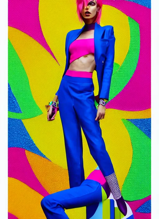 Image similar to bright trouser suit for a rave, bright colors, many details, prints, photo for a magazine, photo for a store, fashion photography, Vogue, 135 mm, cinematic, hyper realism, high detail, 8k, Two models in the frame, dynamic pose,Smooth skin, perfect face