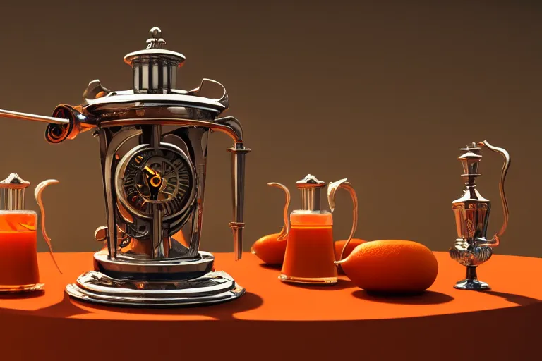 Image similar to a very detailed concept art clockwork orange samovar, trending on artstation, digital art, 4 k, hyper realistic, octane render, sharp focus