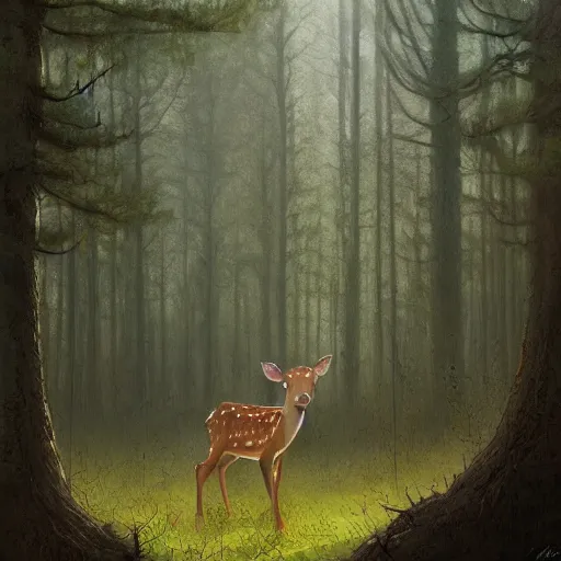 Image similar to a painting of a lonely fawn in a forest by john howe, marc simonetti, james jean, high detail, trending on artstation