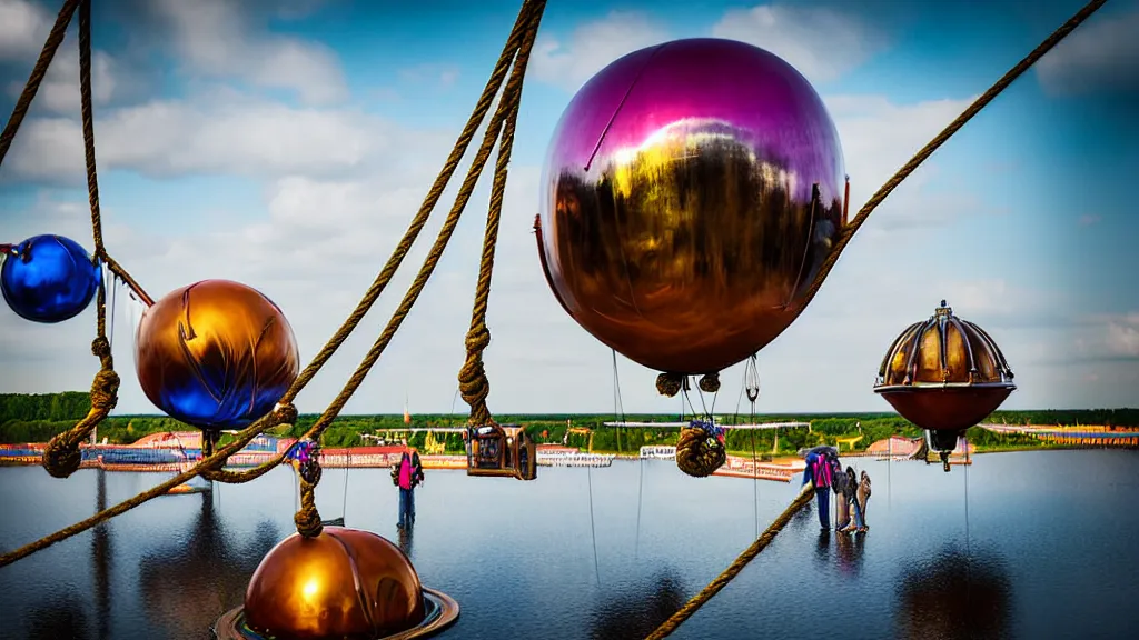 Prompt: large colorful futuristic space age metallic steampunk steam - powered balloons with pipework and electrical wiring around the outside, and people on rope swings underneath, flying high over the beautiful klaipeda in lithuania landscape, professional photography, 8 0 mm telephoto lens, realistic, detailed, photorealistic, photojournalism