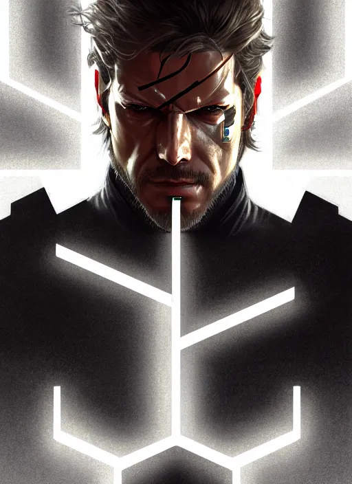 Image similar to symmetry!! portrait of solid snake, metal gear solid, tech wear, glowing lights!! intricate, elegant, highly detailed, digital painting, artstation, concept art, smooth, sharp focus, illustration, art by artgerm and greg rutkowski and alphonse mucha