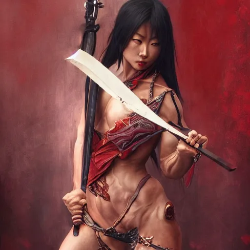 Prompt: painting of dark muscular oiled japanese woman, bloody, carrying a sword, symmetric, ultra realistic, concept art, intricate details, eerie, highly detailed, photorealistic, octane render, 8 k, unreal engine. art by artgerm and greg rutkowski and alphonse mucha