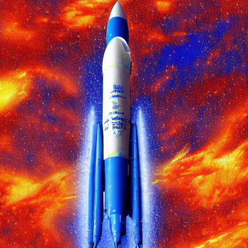 Image similar to Blue Ariane 6 in space, Orange planet, digital art, highly detailed