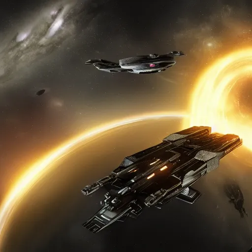 Image similar to EVE Online spaceship approaching a stargate, dark, fantasy, black hole, stars, hyper detailed, 4k, space, nebulae