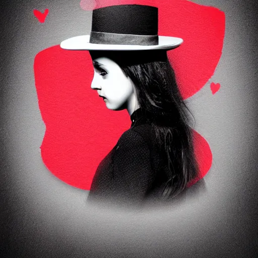 Image similar to highly detailed, cute and mystery teenage girl in a tall black top hat with red strip, profile face, digital art, gray scale