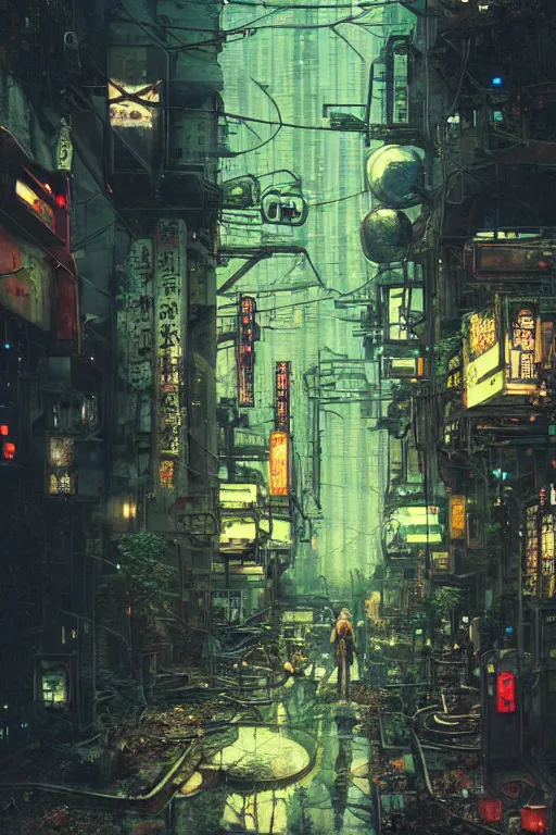 Image similar to vintage autochrome photo of ancient overgrown cyberpunk tokyo with robot by marc simonetti, night, rain, flowers, beautifully lit, hyperdetailed, unreal engine, photorealistic