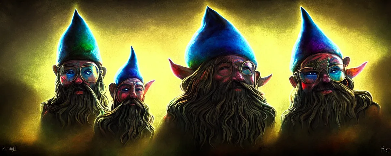 Image similar to whimsical bifrost alchemical gnomes, surreal dark uncanny painting by ronny khalil