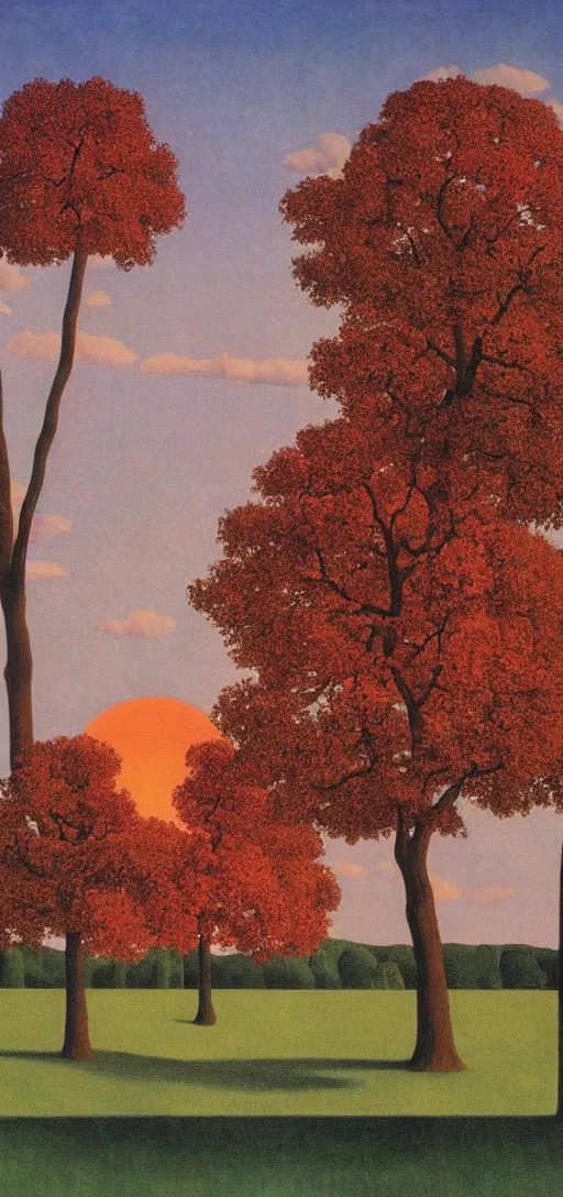 Image similar to Sunset on an autumn day in the park by Rene Magritte