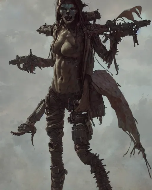 Image similar to hyper realistic photo of postapocalyptic nomad demon cyborg girl, full body, cinematic, artstation, cgsociety, greg rutkowski, james gurney, mignola, craig mullins, brom