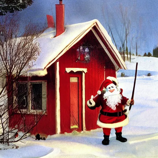 Prompt: a rabbit dressed as santa stands outside a red cottage in the swedish countryside, in the style of anders zorn