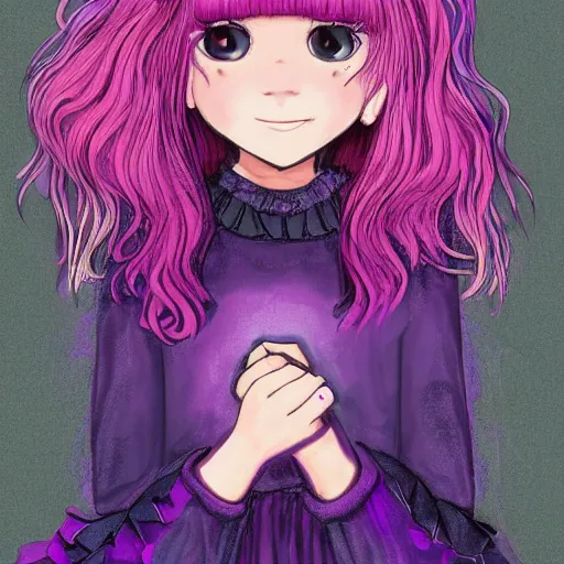 Image similar to girl with short wavy pink-purple hair with bangs, wears a black headband, has long eyelashes with dark eyes and smiling faintly, wears a long-sleeved blue blouse with frills, a long pink flare-skirt. looking sideways. Dark Digital art