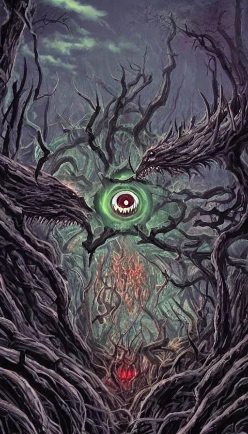 Image similar to a storm vortex made of many demonic eyes and teeth over a forest, from magic the gathering