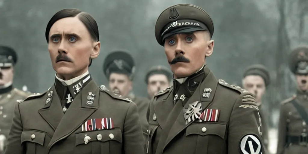 Prompt: Jared Leto as Adolf Hitler in 'The Death of Hitler' (2023), movie still frame