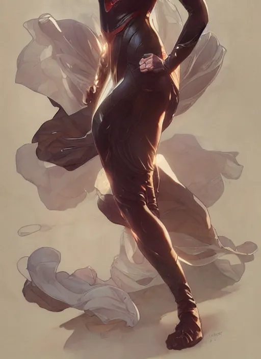 Prompt: a young woman. she is dressed as a superhero. clean elegant painting, beautiful detailed face. by artgerm and greg rutkowski and alphonse mucha