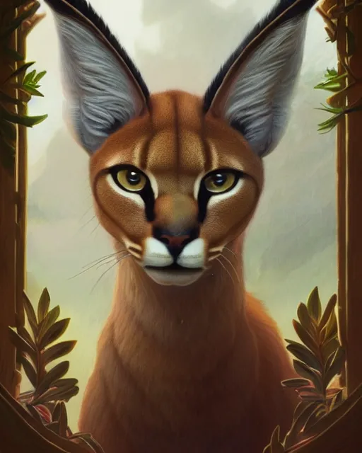 Image similar to a laurel wreath on a head of fluffy caracal, photography of kurzgesagt, deep focus, d & d, intricate, elegant, highly detailed, digital painting, artstation, concept art, matte, sharp focus, illustration, hearthstone, art by artgerm and greg rutkowski and alphonse mucha