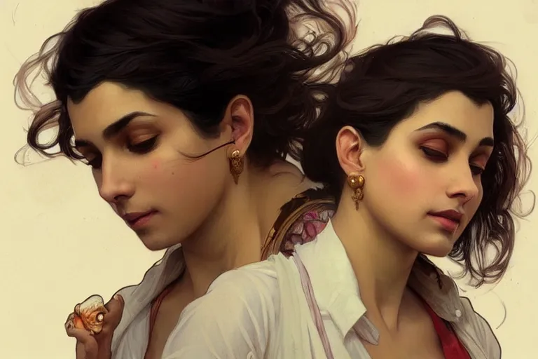 Image similar to Anxious good looking pale young Indian doctors smoking, portrait, elegant, intricate, digital painting, artstation, concept art, smooth, sharp focus, illustration, art by artgerm and greg rutkowski and alphonse mucha