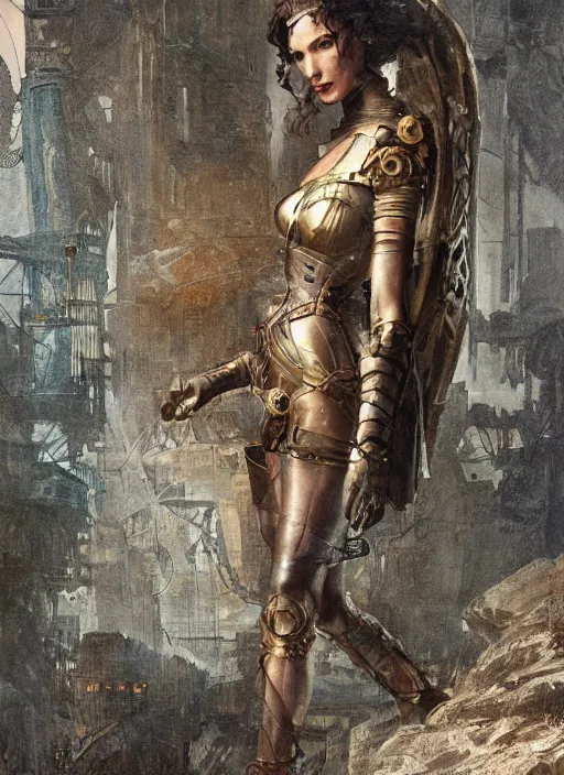 Image similar to highly detailed steampunk gal gadot standing, steel age : leonardo da vinci, greg rutkowski, magali villeneuve