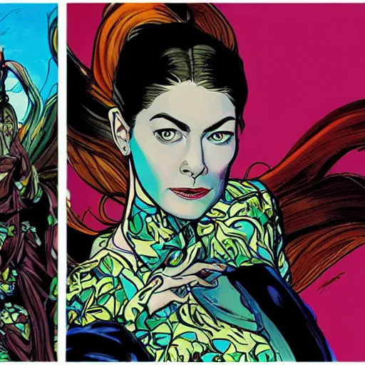 Image similar to rosamund pike with dark - hair as the doctor, wearing a colourful floral pattern three - piece suit, complementary colours, 2 d matte, graphic novel, art by joe madureira and alan davis,