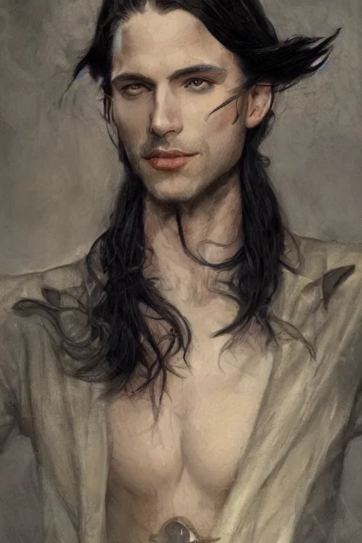 Image similar to skinny male fantasy alchemist, long dark hair, 1 9 2 0 s fashion, elegant, highly detailed, intricate, smooth, sharp focus, artstation, digital paining, concept art, art by donato giancola, greg rutkowski, artgerm, cedric peyravernay, valentina remenar