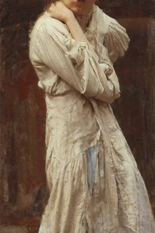 Image similar to Richard Schmid and Jeremy Lipking and Jonathan Pratt full length portrait painting of a young beautiful traditonal victorian peasant woman