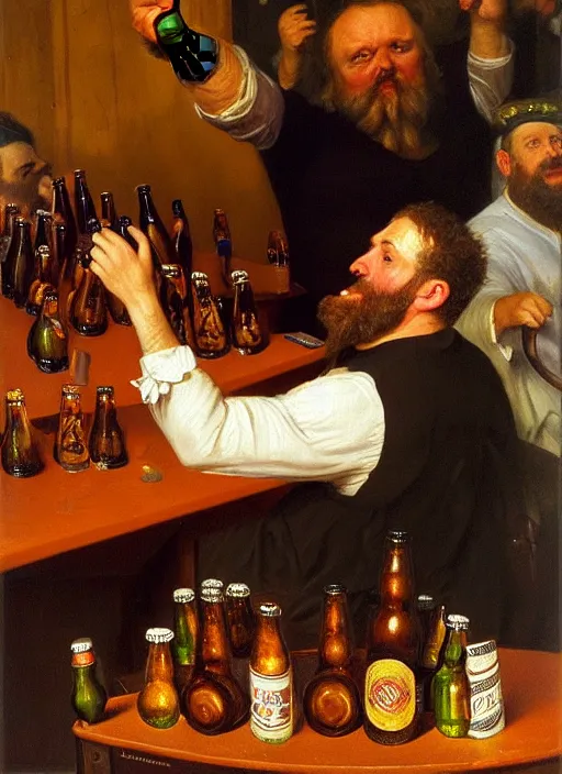 Prompt: large computer table octoberfest invite card, man sitting in fron of computer, angry, screaming, many beer bottles, drunk, photoshoot, 4 k, hyper realistic, natural, highly detailed, digital illustration, trending in artstation, classical painting, smooth, sharp focus art by ilya repin