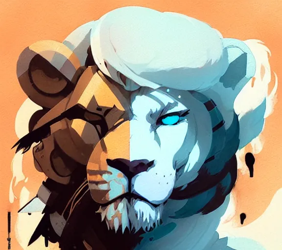 Image similar to portrait of lion knight, fantasy, by atey ghailan, by greg rutkowski, by greg tocchini, by james gilleard, by joe fenton, by kaethe butcher, by ashley wood, dynamic lighting, gradient light blue, brown, blonde cream and white color scheme, grunge aesthetic