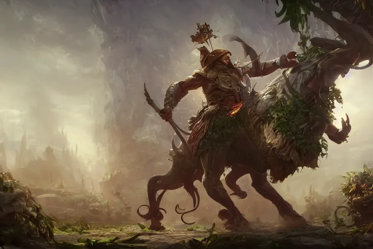 Image similar to a muscular tunisian man wearing plants fighting a cat wearing a crown and cape wielding a scepter, fantasy, digital painting, volumetric light, intricate, sharp, focus, bloom, illustration, highly detailed, concept art, matte, ruan jia, randy vargas, greg rutkowski