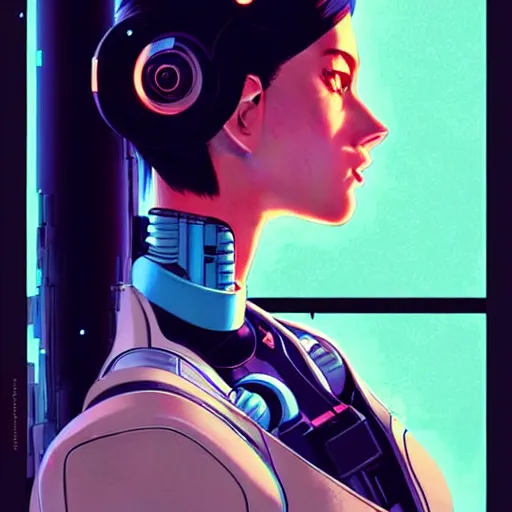 Image similar to side portrait scifi cyborg girl with robotic parts and spacesuit | | head only in center of image, audrey plaza, fine detail!! anime!! realistic shaded lighting!! poster by ilya kuvshinov katsuhiro otomo ghost - in - the - shell, magali villeneuve, artgerm, jeremy lipkin and michael garmash and rob rey