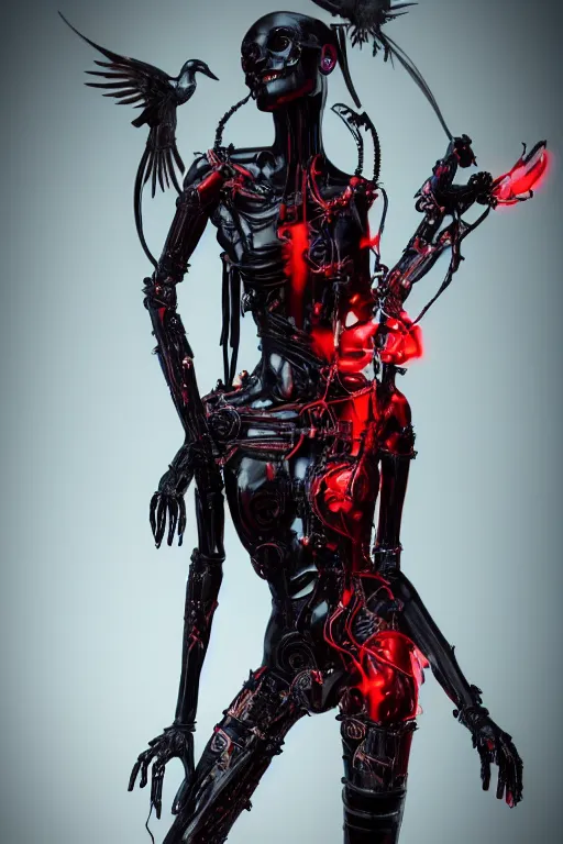 Image similar to full-body cyberpunk style sculpture of a young beautiful dark priestess, half android with a head opening exposing circuitry, glowing red eyes, black roses, flowing blood red colored silk, fabric, candles. baroque elements, human skull. full-length view. baroque element. intricate artwork by caravaggio. crows flying in background. Trending on artstation, octane render. cinematic lighting from the right, hyper realism, octane render, 8k, depth of field, 3D