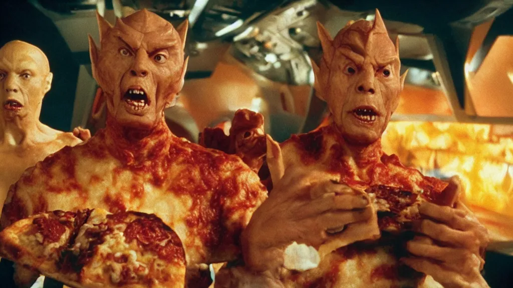 Image similar to giant monsters made of pizza and sharp teeth eating people, star trek, film still from a movie directed by Denis Villeneuve with art direction by Salvador Dalí, wide lens