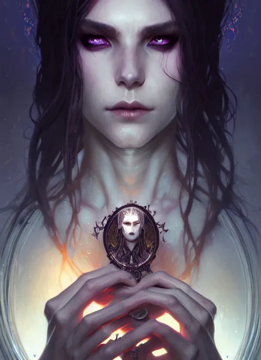 Image similar to Necromancer Sorceress, fantasy magic, undercut hairstyle, dark light night, intricate, elegant, sharp focus, illustration, highly detailed, digital painting, concept art, matte, art by WLOP and Artgerm and Greg Rutkowski and Alphonse Mucha, masterpiece