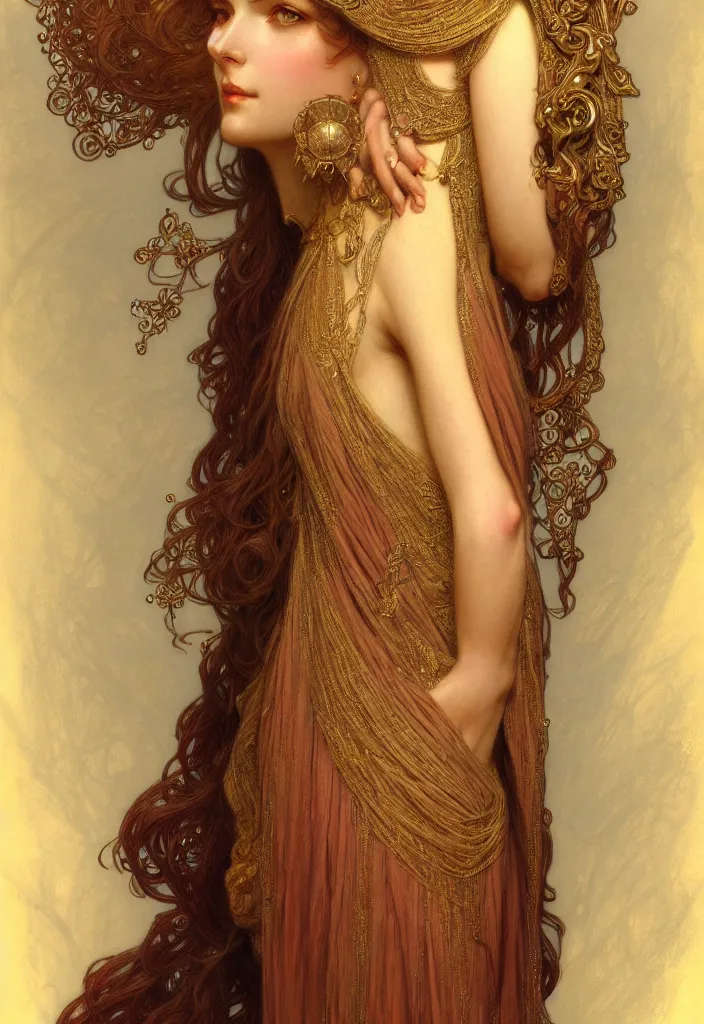 Image similar to character portrait of a modest woman, tall, feminine, powerful, modestly clothed, voluminous, intricate, elegant, highly detailed, digital painting, artstation, smooth, symmetrical, sharp focus, illustration, art by gaston bussiere and alphone mucha